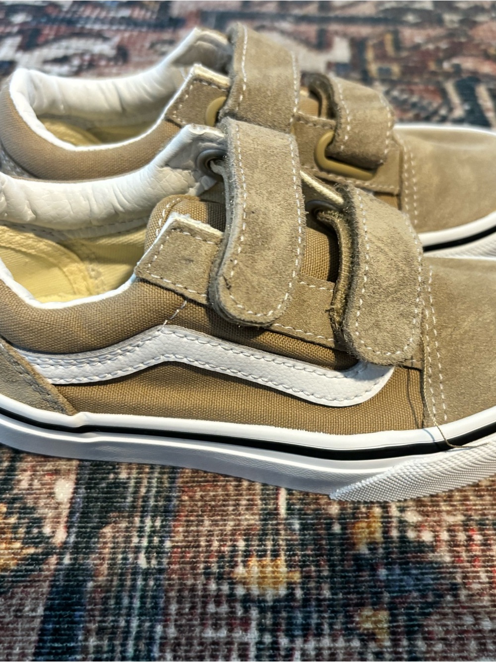 Vans Kids Tan Suede & Canvas Velcro Sneakers with White Side Stripe